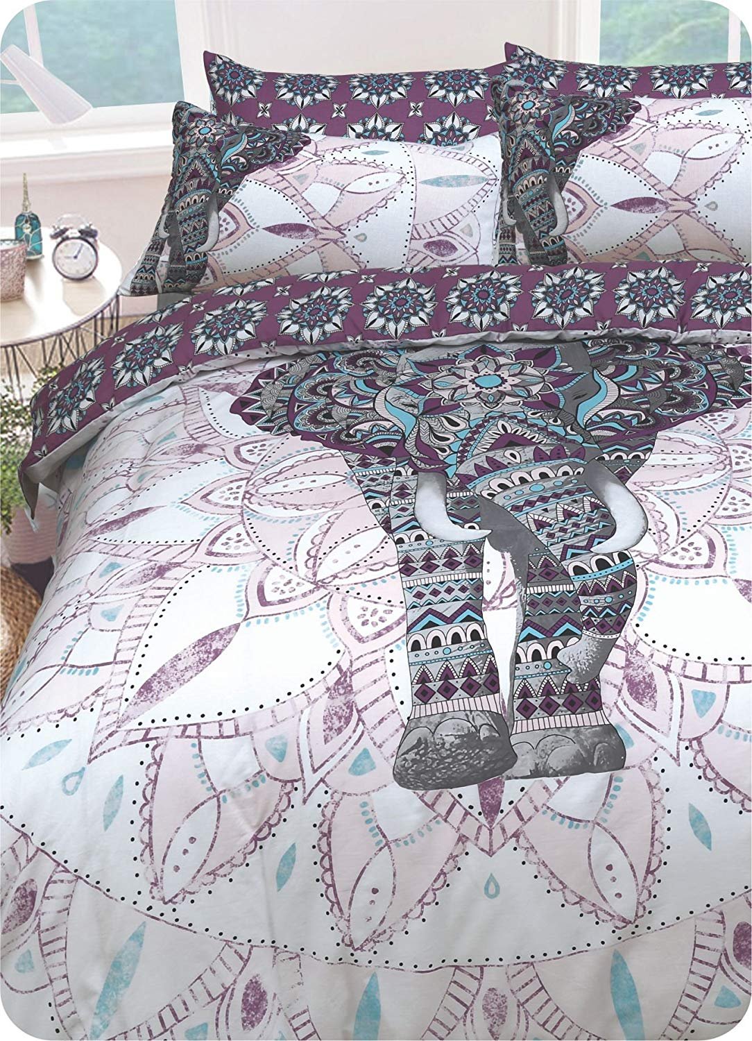 Sleepdown Elephant Mandala Purple Bed Reversable Quilt Duvet Cover Set Easy Care Anti-Allergic Soft and Smooth with Pillow Cases (King Size)