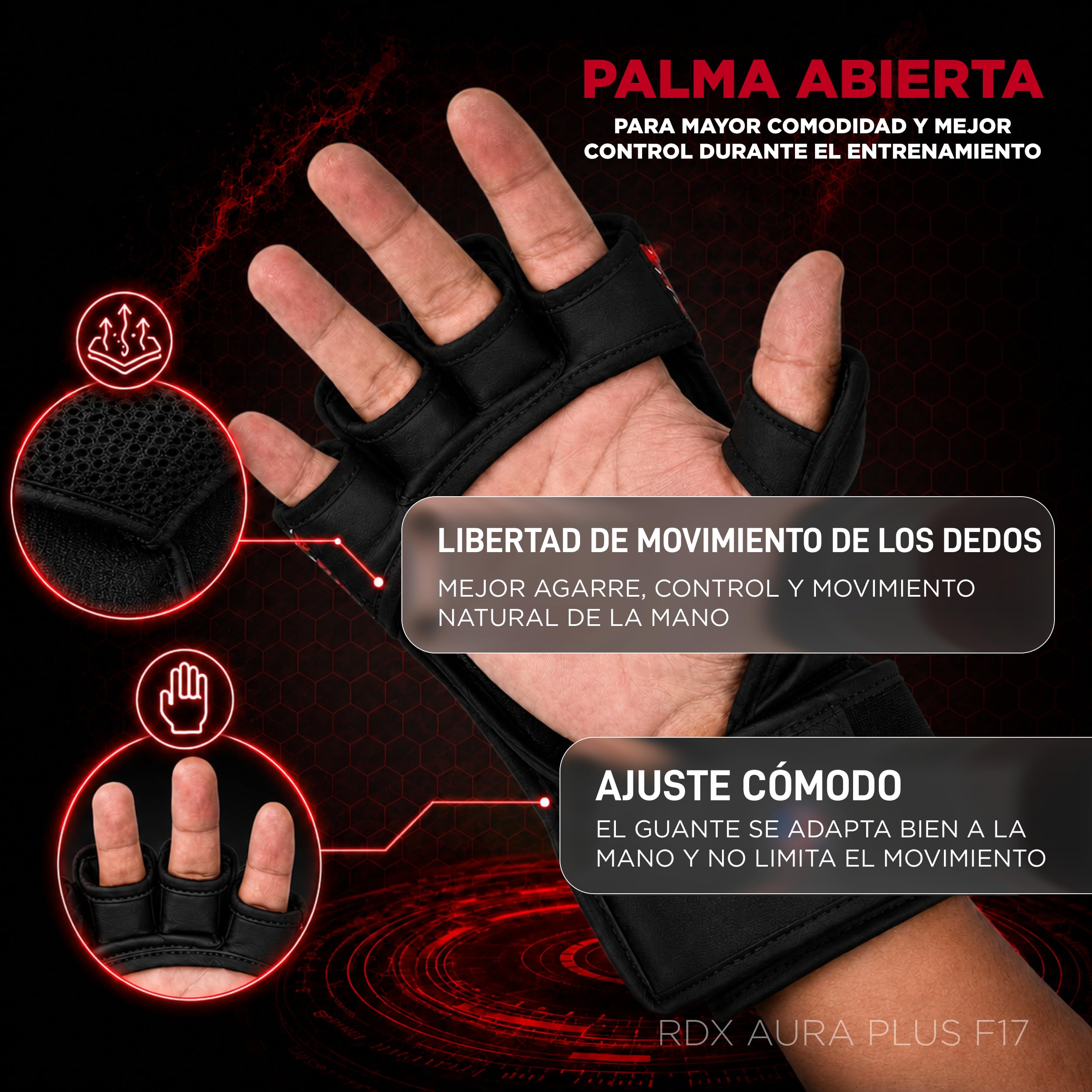 RDX Aura Plus F-17 Guantes de MMA de Cuero con Protección Reforzada para el Pulgar