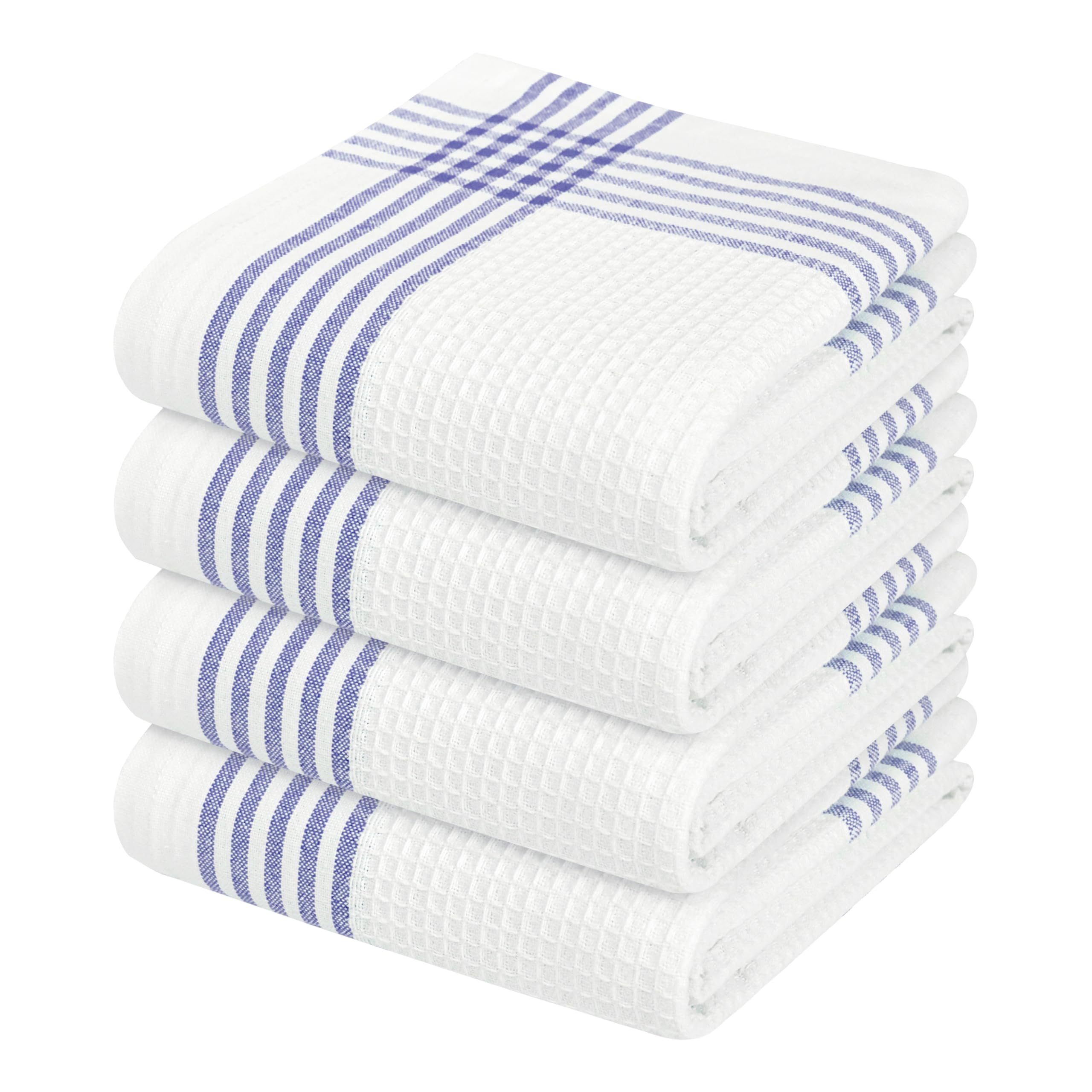 Waffle White &amp; Indigo Blue Kitchen Towels 4 Pack, 100% Cotton, 16x26 inches, Premium Dish Towel, Long Lasting Bar Mop Cloths, Perfect for Drying Dishes, Cooking and Cleanup