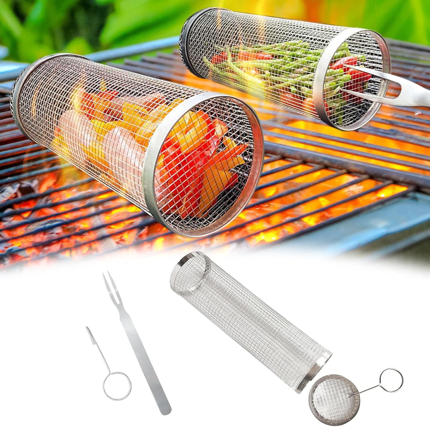 Rolling Grill Basket with Fork and Handle, Stainless Steel BBQ