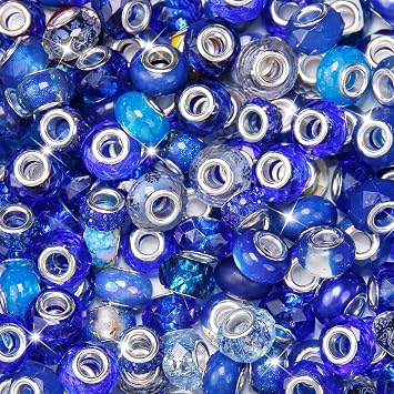 100 Pcs European Craft Beads Large Hole Spacer Beads, Assorted European Craft Bead Blue Rhinestone Lampwork Beads Large Hole Spacer Bead for DIY Charms Bracelet Necklace Jewelry Making Supplies