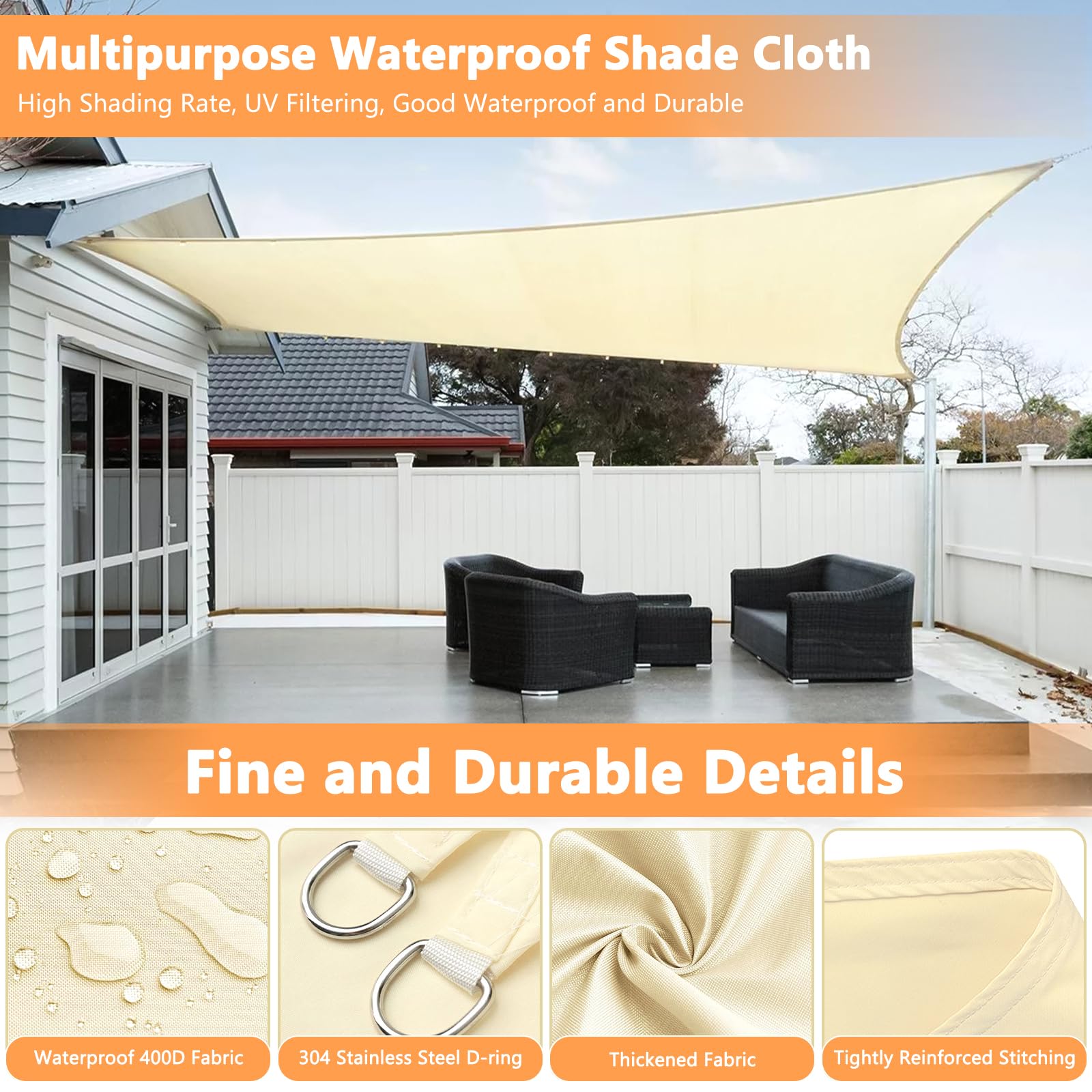 Vela Ombreggiante Impermeabile 2x3M Protezione UV 95% per Terrazza Giardino