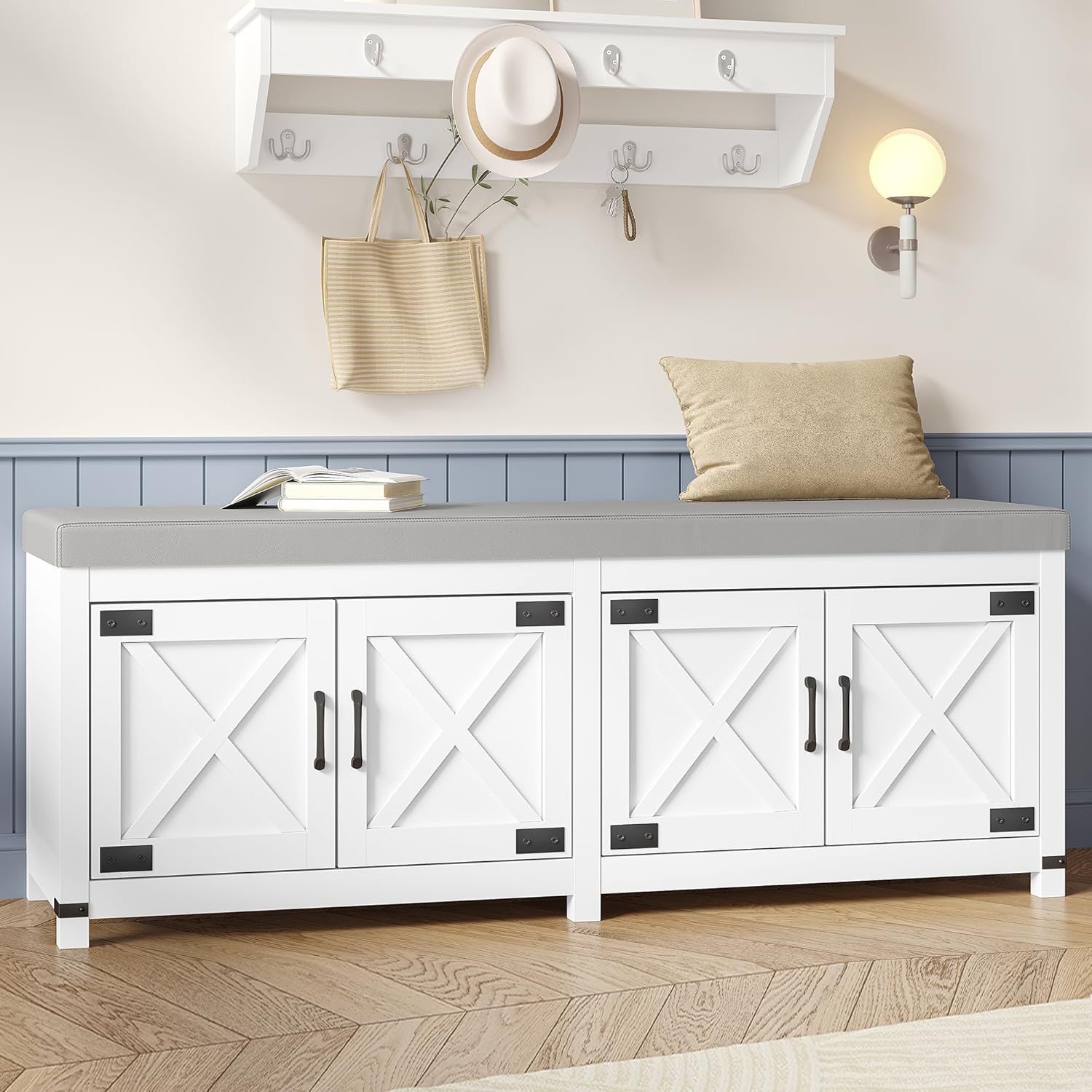 Shoe Storage Bench, 2 Tier Shoe Bench with Padded Seat Cushion & 4 Barn Doors, Entryway Bench with Adjustable Shelf, Farmhouse Shoe Cabinet for Living Room, Bedroom, White SB31203GY