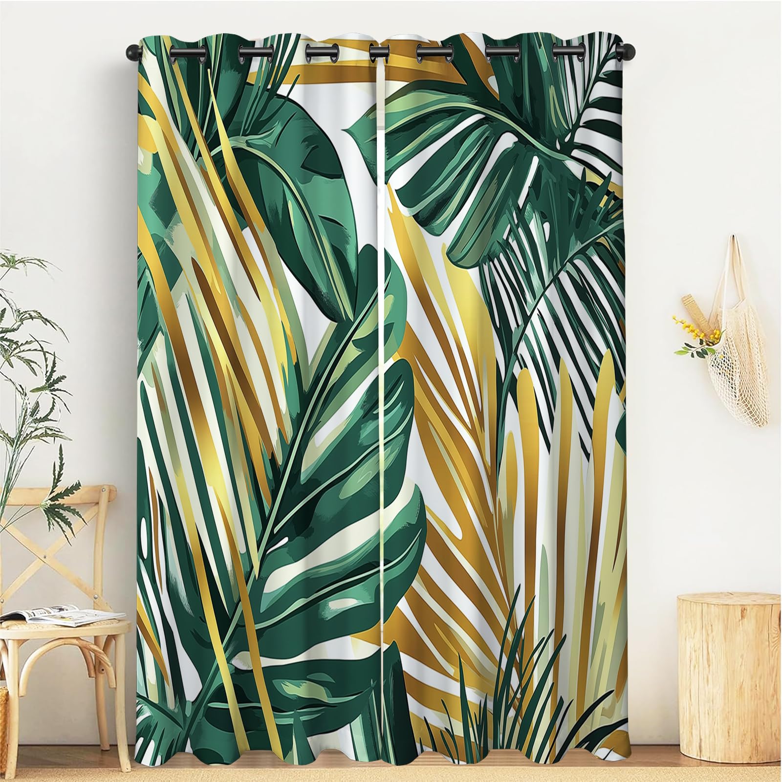 Rideaux occultants en polyester haut de gamme motif or et vert monstera tropical à oeillets