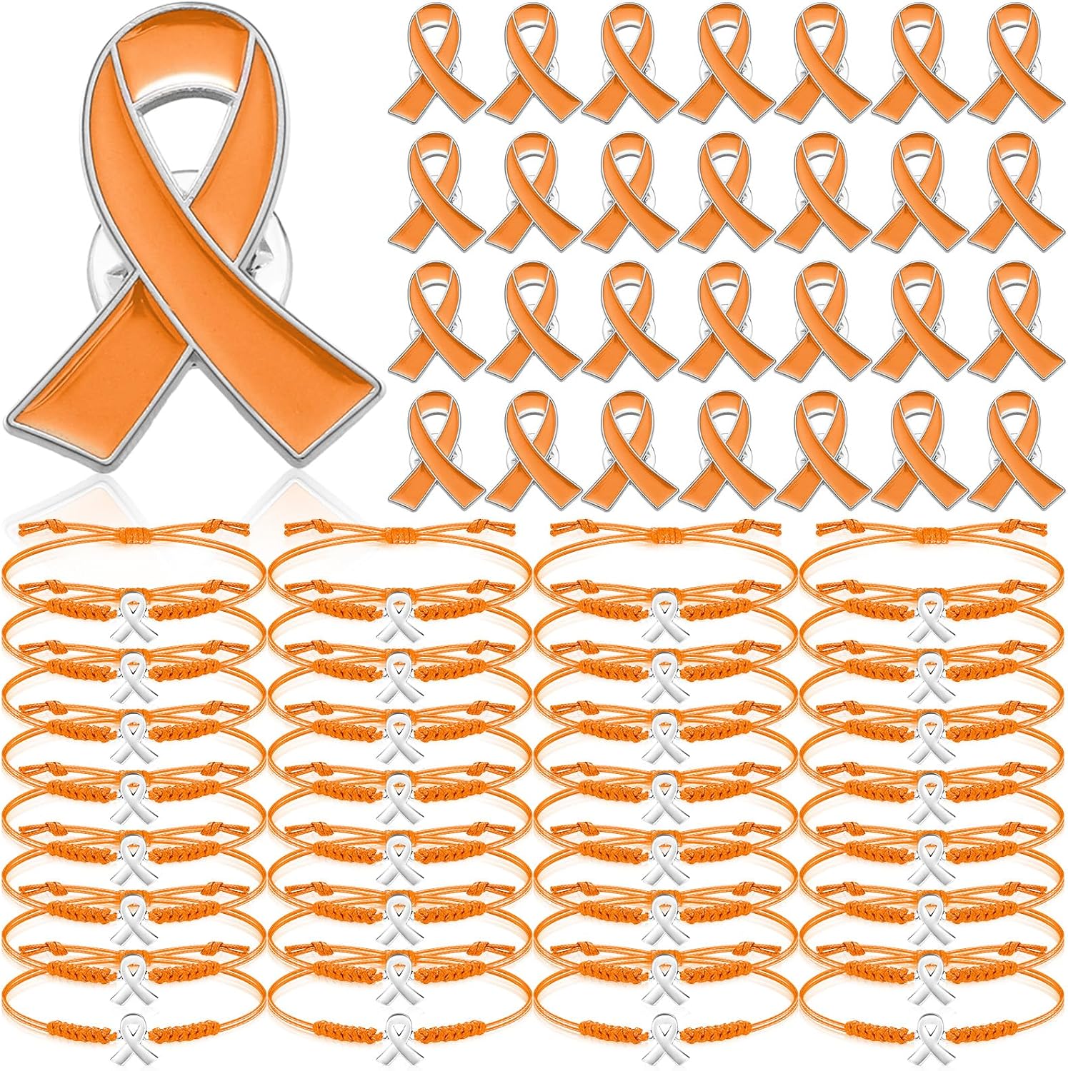 Ecation 60 Pcs Orange Leukemia Awareness Accessories Include 30 Braided Bracelets 30 Ribbon Pins Multiple Sclerosis Leukemia Awareness Gifts for Women Survivor Jewelry