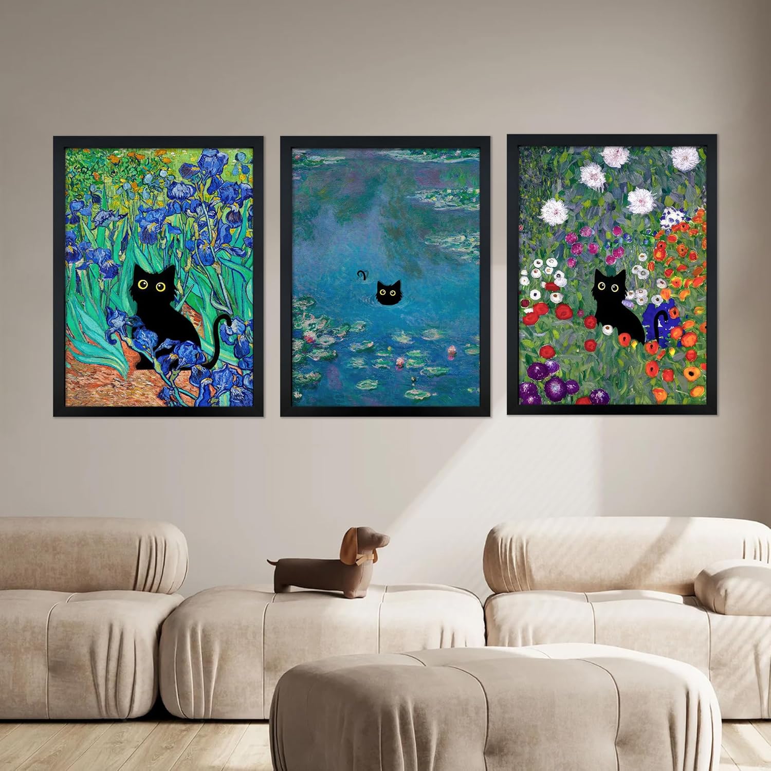 Fantasy Artists Cat Wall Art, 3Pcs Framed Monet Wall Art, Vintage Funny Black Cat in Water Lilies Poster Prints, Garden Flowers Cat Aesthetic Wall Decor for Bedroom Living Room Bathroom 12'' x 16''