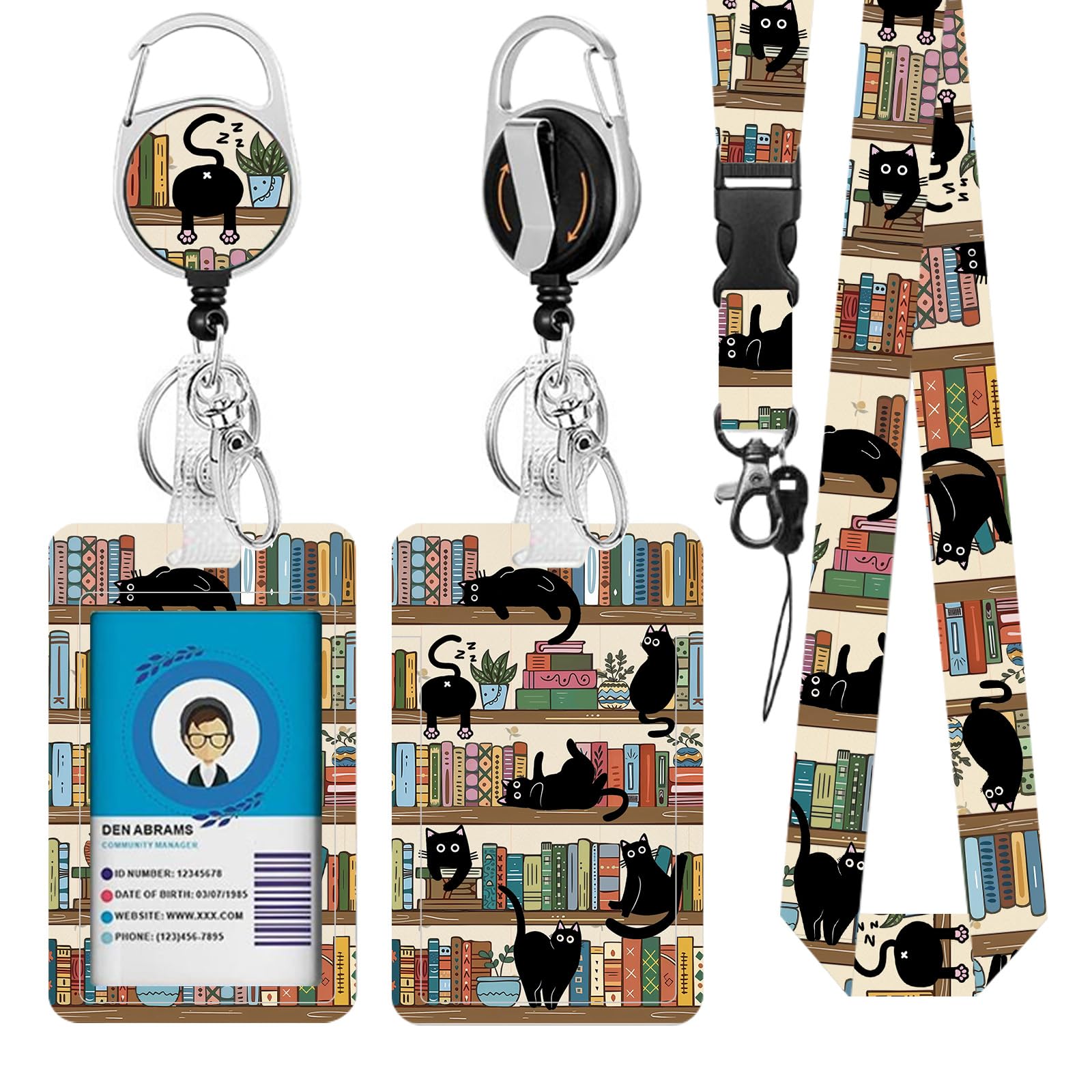 Book Lanyards for ID Badge, Library Cat ID Badge Holder with Retractable Reel Clip and Keychain, Gifts for Librarian, Vertical Identity Badge Cover