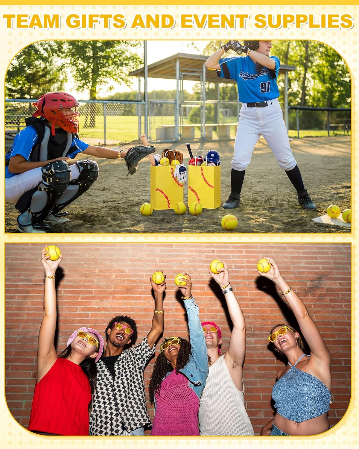 Sosation 48 Pcs Softball Party Favor Set Includes 12 Kraft Paper Gift Bags, Sunglasses, Mini Stress Balls & Keychains for Softball Party Decorations & Supplies