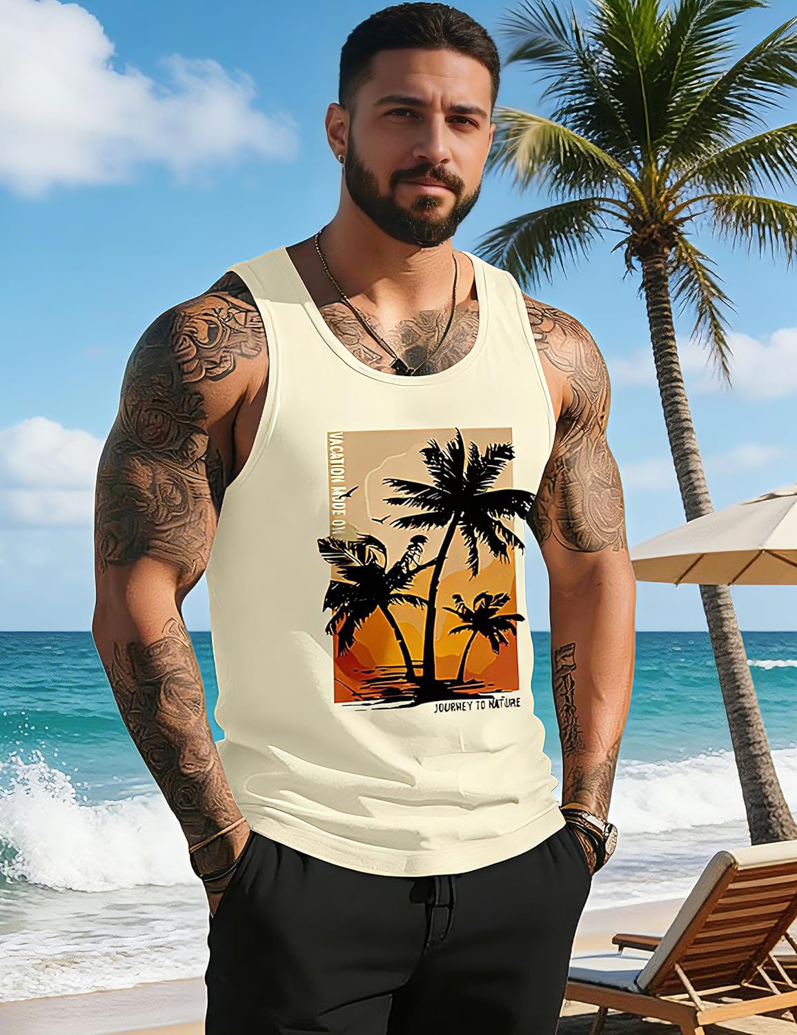 Mens Graphic Tank Tops Sleeveless Muscle Shirts Beach Palm Tree Hawaiian Gym Workout Tanks - Image 2