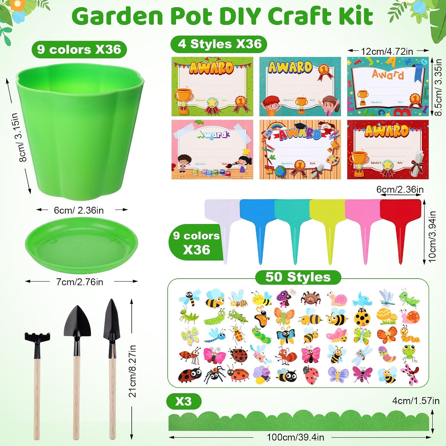 36 Sets Garden Pot Craft Kit DIY Flower Pots Craft Bulk Plant Spring Kits with 50 Stickers 36 Labels 36 Certificate of Award 3 Planting Tools 3 Felt Edge Garden Supplies
