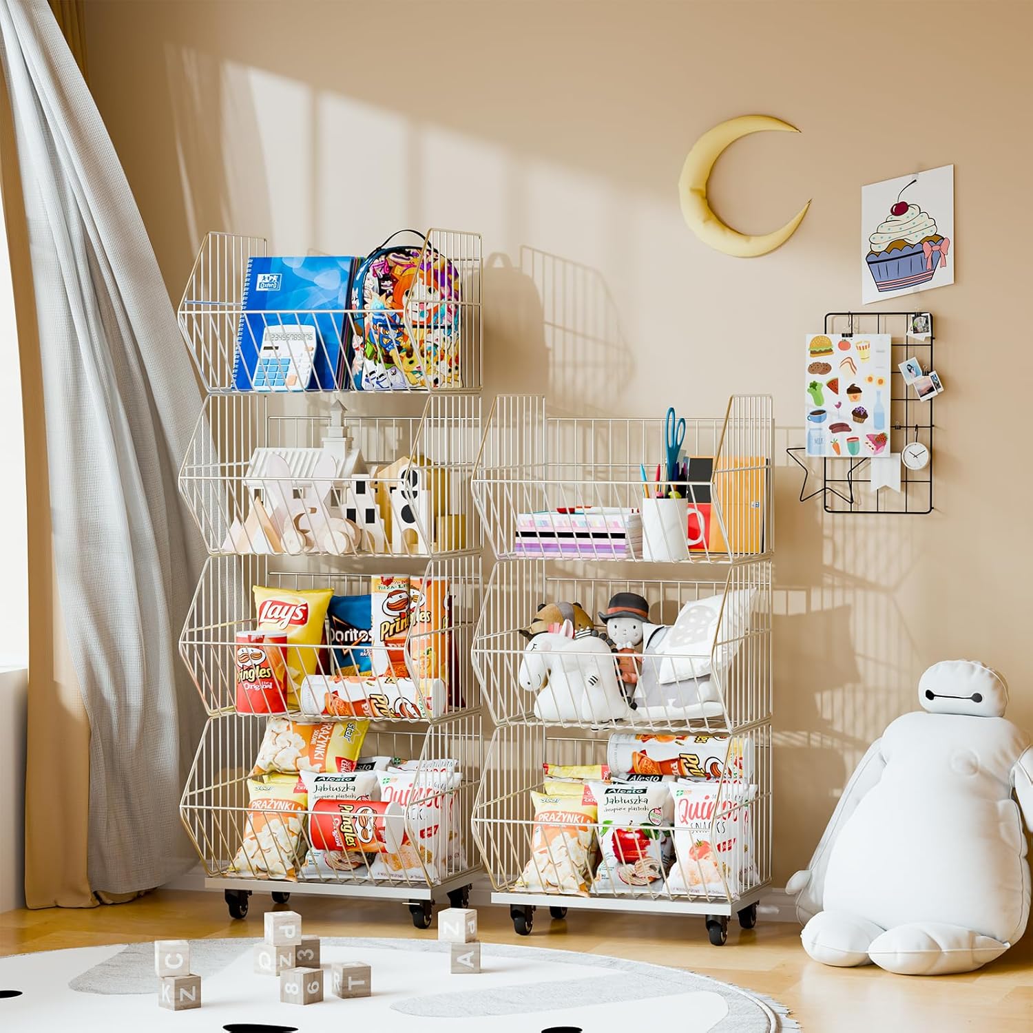 Standing Metal Shelving Unit, Removable Wire Storage Basket with Wheels, Folding Shoe Racks, Clothing Sweaters Shoes Handbags Organizer for Kitchen Garage Pantry Porch (4-Tier with Base)