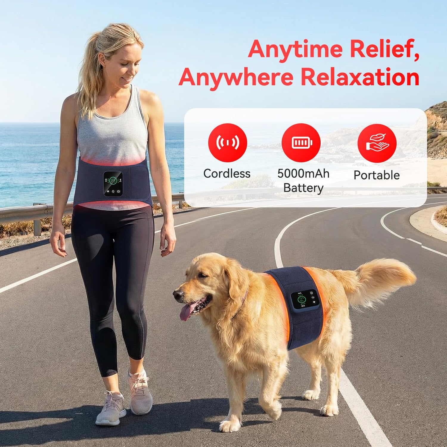 Red Light Therapy Belt for Back Pain Relief, 5000mAh Cordless Infrared Waist Wrap with Pulse/3-Mode Red Light & Vibration Massage, Muscle Relaxation & Post-Workout Recovery