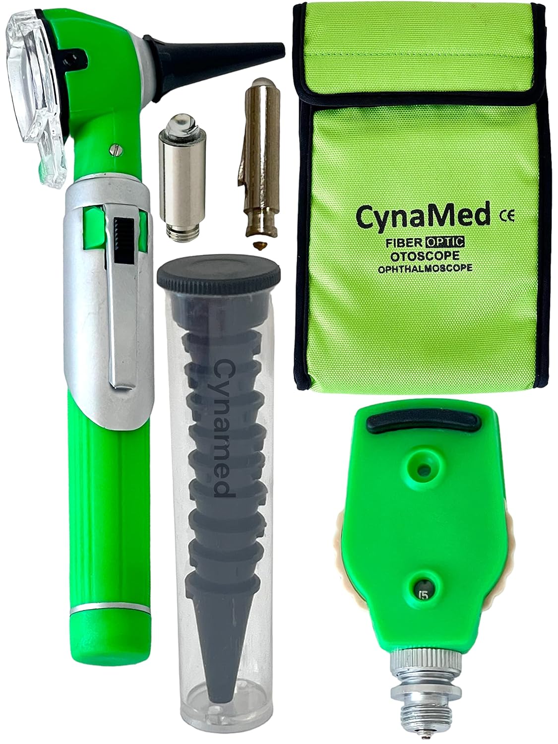 New Cynamed Fiber Optic 3.2V Bright White Led Otoscope Set Includes Disposable Specula Aadaptor and 3 Sizes of reuseable Specula Plus 2 Replacement Bulbs Green Cynamed