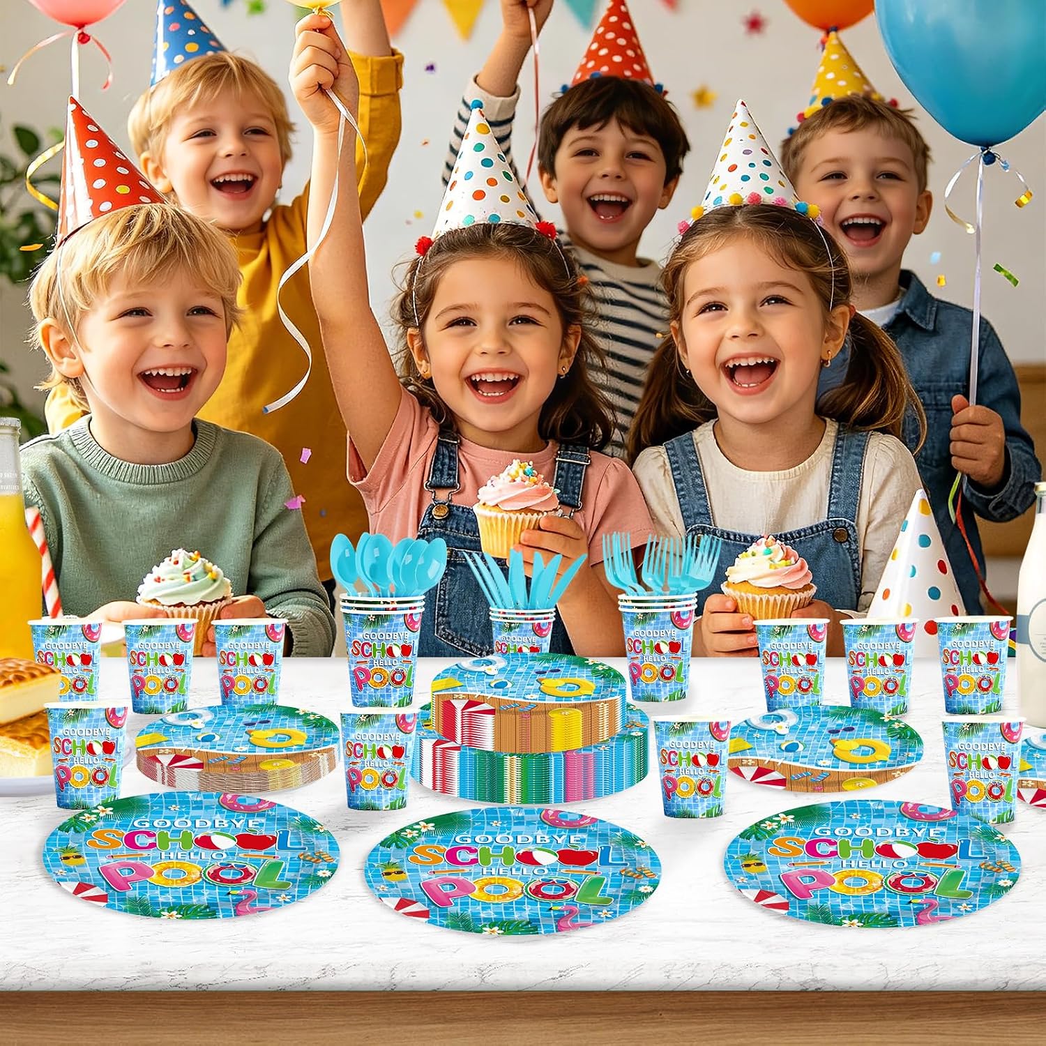 168 Pcs Goodbye School Hello Pool Party Decorations Last Day of School Plates Napkins Cups Forks Knives Spoons Summer Pool Tableware Set for Graduation Preschool Party Decorations Serves 24