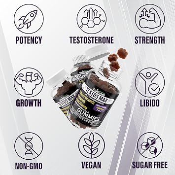 Testos MAX Strength Gummies, 30,000mg (7in1) Tribulus Terrestris, Fenugreek, Panax Ginseng Extracts, L-Arginine, Zinc, VitD3 and VitB6, Delicious Vegan, Sugar Free for Adults with Grapes Flavour.