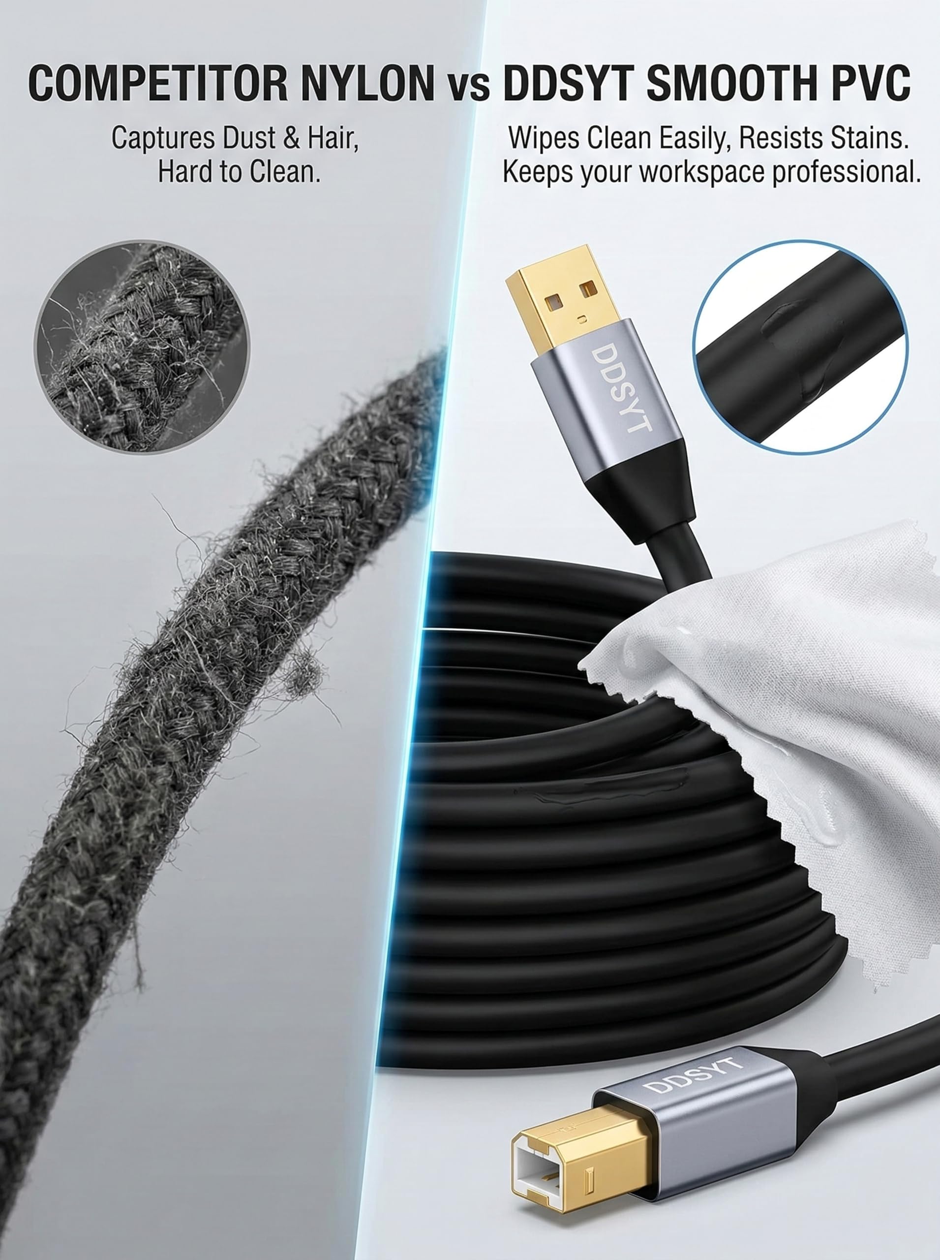 Cavo USB 2.0 per stampante, 1,8 m, USB-A a USB-B 2.0, velocità di trasferimento 480 Mbps, per stampante o disco rigido esterno, connettori placcati oro