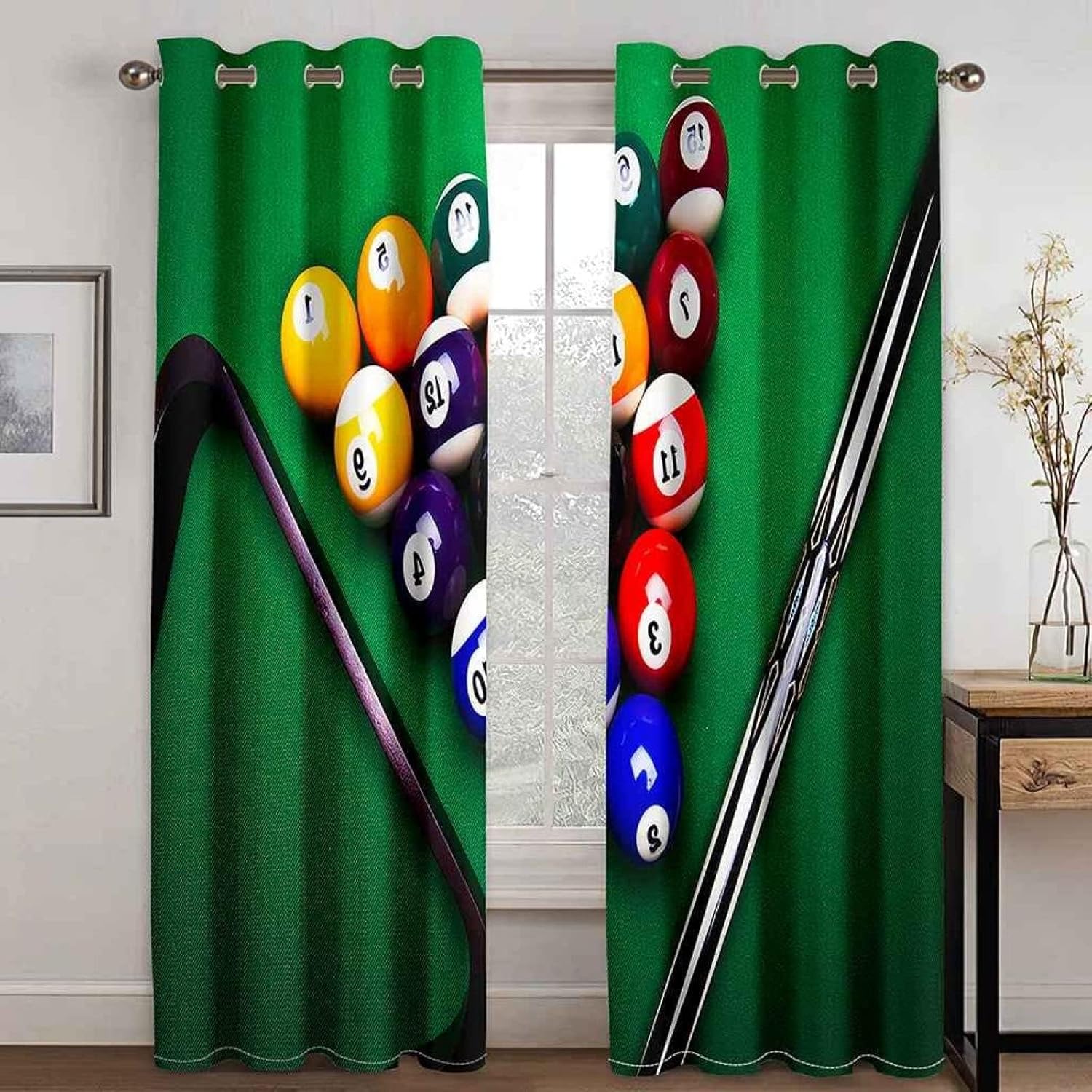 Green Pool Table Window Curtains, Billiards Enthusiasts Window Curtain Set of 2 Panels, 3D Printed Noise Reducing Grommet Drapes for Living Room Nursery Kids Girls Bedroom 55" W x 63" L