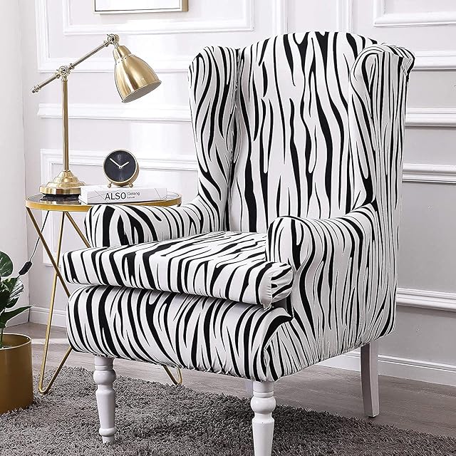 Wing Chair Covers, 2 Pieces Zebra Striped Stretch Wingback Chair Slipcovers Elastic Polyester Spandex Fabric Stretch Sofa Armchair Slipcovers Washable Furniture Protector (White)