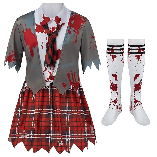 Foto 3 de 8 de Spooktacular Creations Disfraz de colegiala zombi, disfraz de zombi sangriento para niña, ideal para Halloween