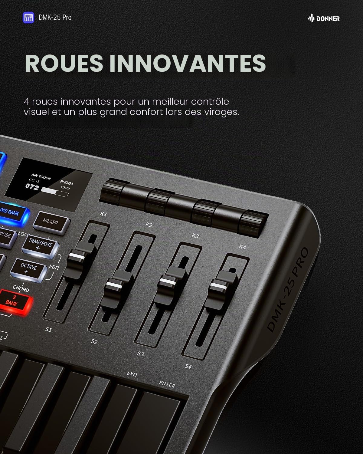 Donner Contrôleur Clavier MIDI USB-C, Mini Portable 25 Touches avec 8 Pads de Batterie,Écran OLED,16 Gammes Intelligentes,Arpège, Replay,4 Logiciels DAW et 40 Cours d’Apprentissage, DMK 25 Pro Noir