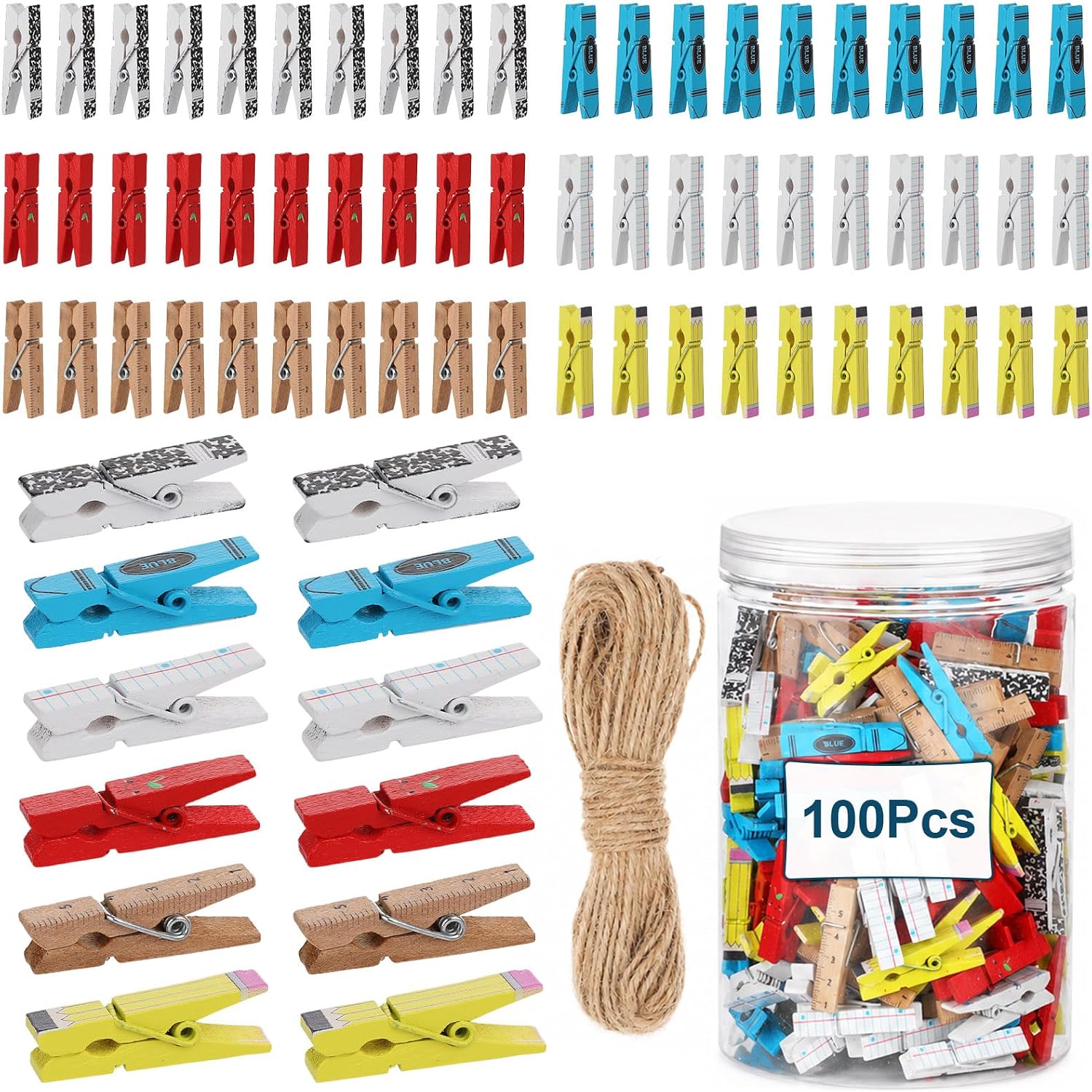 100Pcs Back to School Pattern Mini Wooden Clothespins Colorful Small Photo Pegs Craft Clips with Jute Twine Tiny Wood Clips for Classroom Teacher Bulletin Board School Arts Projects DIY Decor