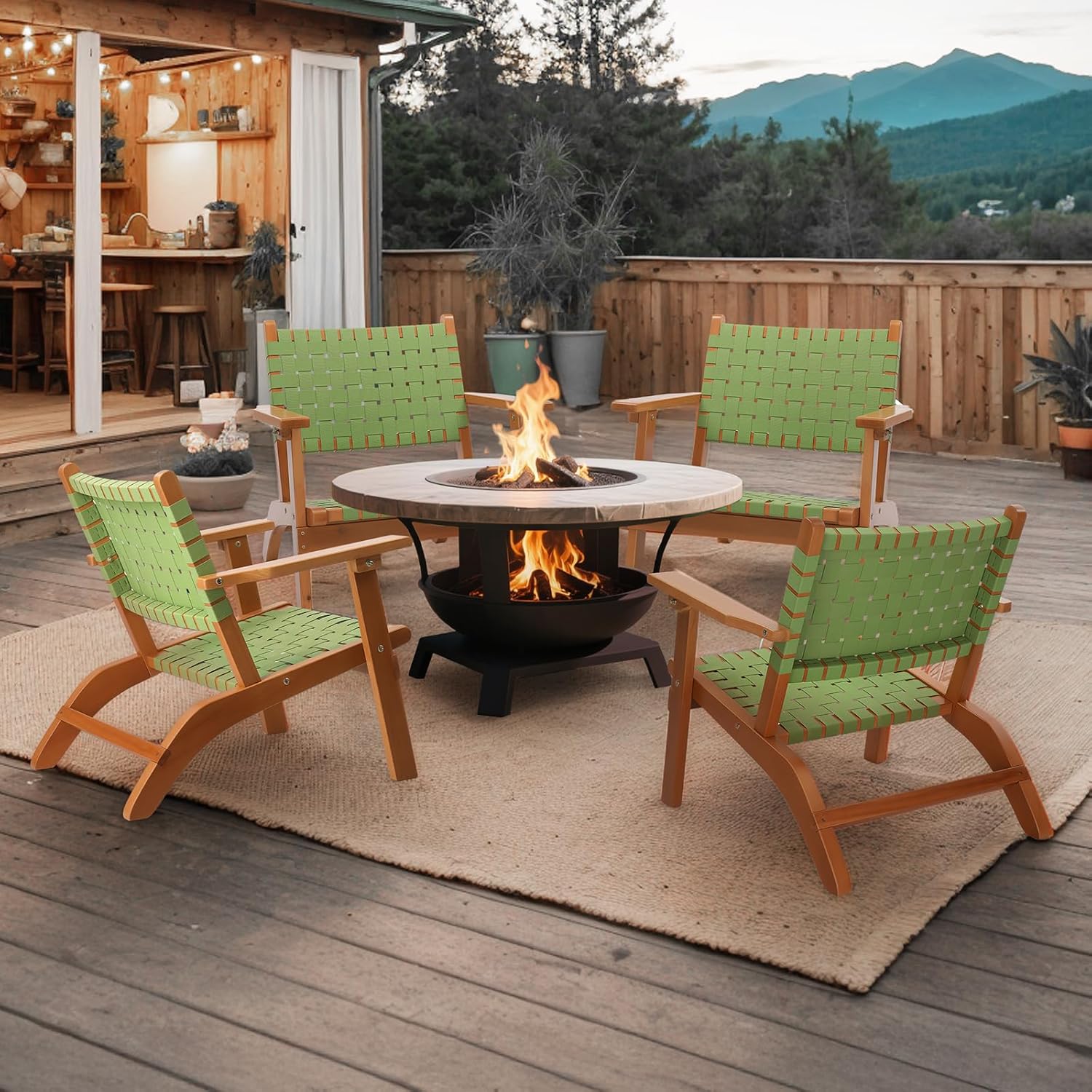 VINGLI Outdoor Armchair, All-Weather Wooden Patio Chair with Waterproof PE Woven Fabric, Adirondack Chair for Garden, Lawn and Poolside (1, Green and Brown)