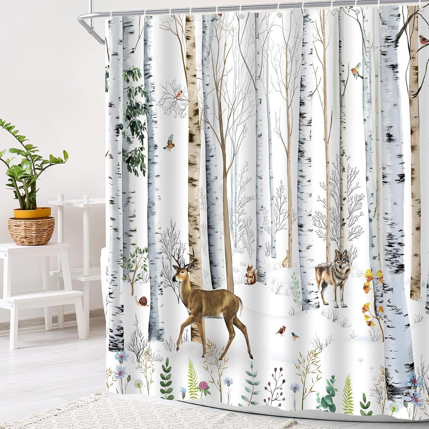 Watercolor Birch Tree Shower Curtain Rustic Forest Deer Wildlife Floral Lodge Farmhouse Polyester Bath Curtain, 70" W x 70" L for Standard Bathtub, Master Bathroom & Restroom Decoration