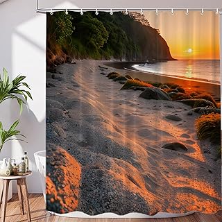 Beach Sunset Seaside Decor Shower Curtain Set, Cliffs Water Calm Landscape Coastline Polyester Shower Curtain for Shower Stall Bathroom Waterproof with 12 Hooks 72x72 Inch