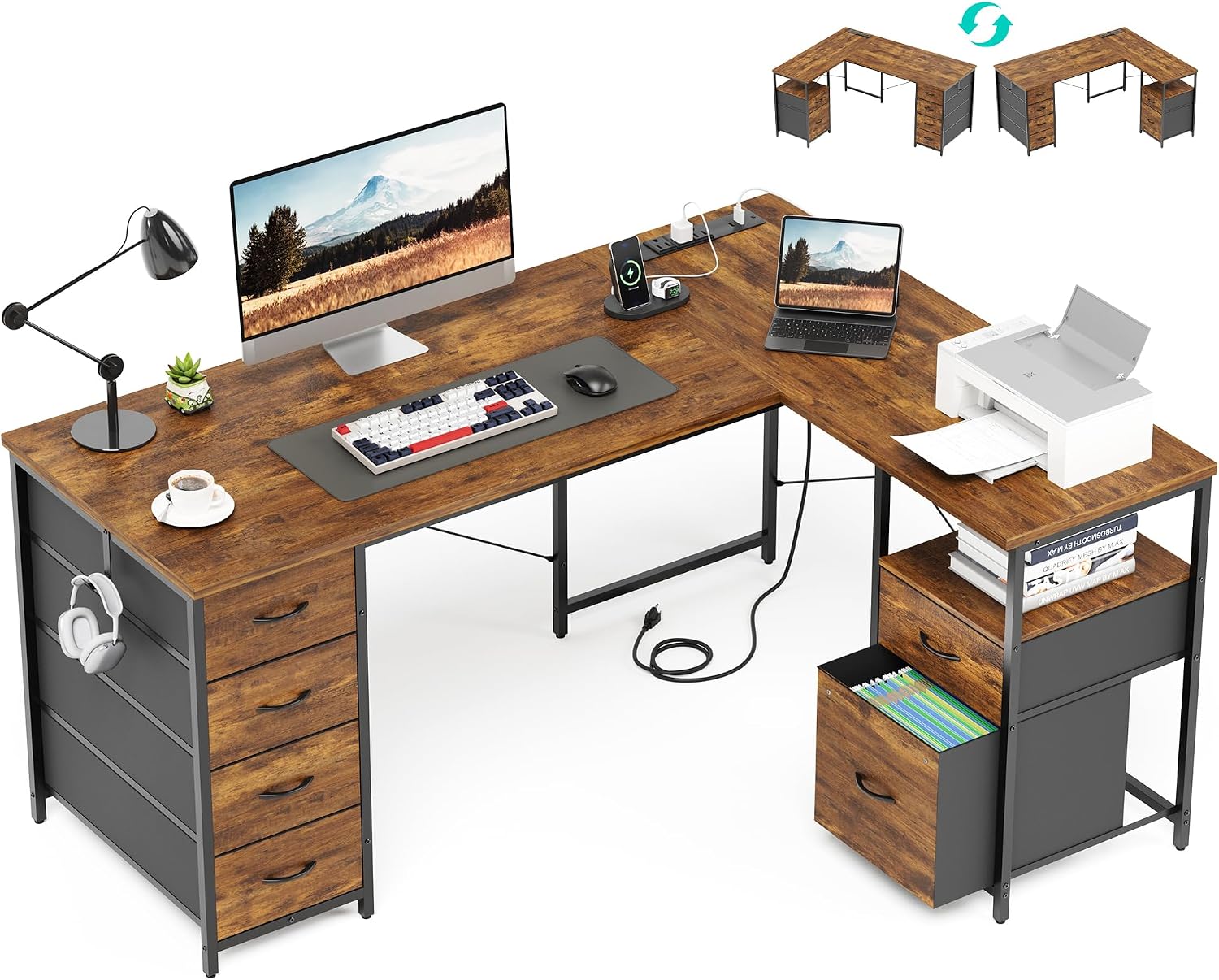 55 Inch L Shaped Office Desk with 6 Drawers & Type-C Port, Rustic Brown | File Cabinet, Power Outlets, Reversible Corner Computer Desk, Work Desk with Storage for Home Office, Bedroom, Gaming, Study