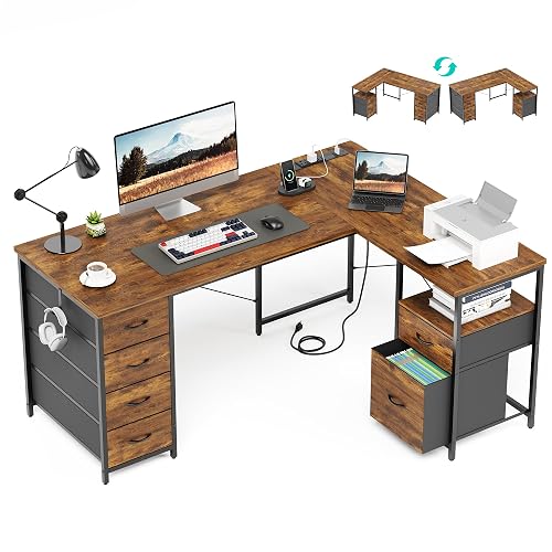 55 Inch L Shaped Office Desk with 6 Drawers & Type-C Port, Rustic Brown | File Cabinet, Power Outlets, Reversible Corner Computer Desk, Work Desk with Storage for Home Office, Bedroom, Gaming, Study