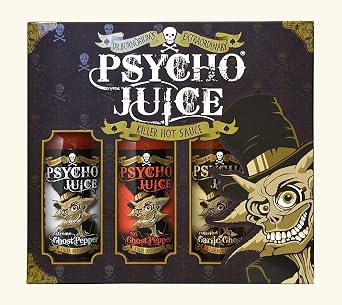 Psycho Juice Gift Box - Mega Hot Collection 2 - Trio Chilli Sauces - Extreme Ghost Pepper - 70% Ghost Pepper - Roasted Garlic