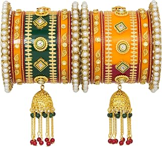Traditional Handmade Chura with Hanging Beads and Beaded Pearl Bangles (2.6, Multi)