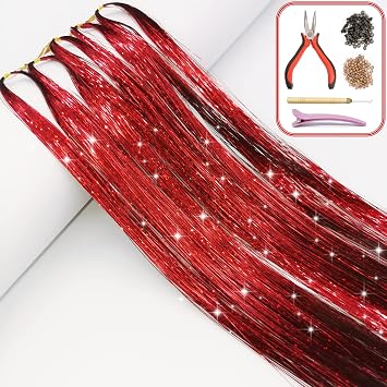 Hair Tinsel Kit with Tools and Instruction Easy to Use 1000 Strands 47 Inches Glitter Tinsel Hair Extensions for Women and Girls, Sparkling Shinny Fairy Hair Accessories for Christmas New Year