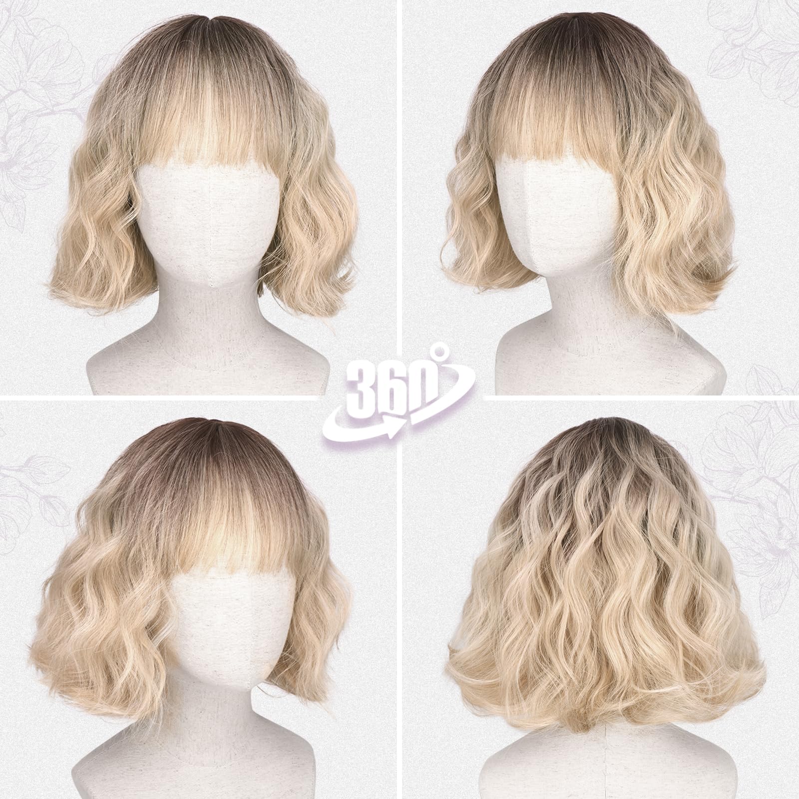 BARSDAR Kurze Gewellt Blond Ombre Perücke mit Pony, Kurze Lockige Welle Bob Perücke Texturierte French Bob Perücken mit Pony für Frauen Natürlich Aussehen Synthetische Haar Perücken Party Halloween