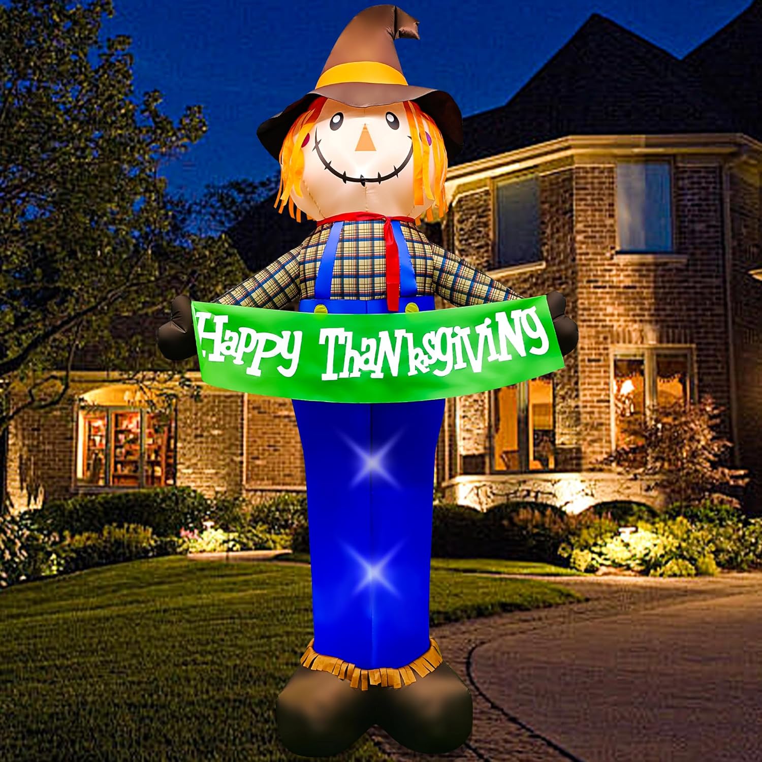 BLOWOUT FUN 10ft Gaint Inflatable Thanksgiving Scarecrow with Built-in LED Lights Blow Up for Fall Autumn Harvest Indoor Outdoor Front Door Yard Lawn Garden Decor