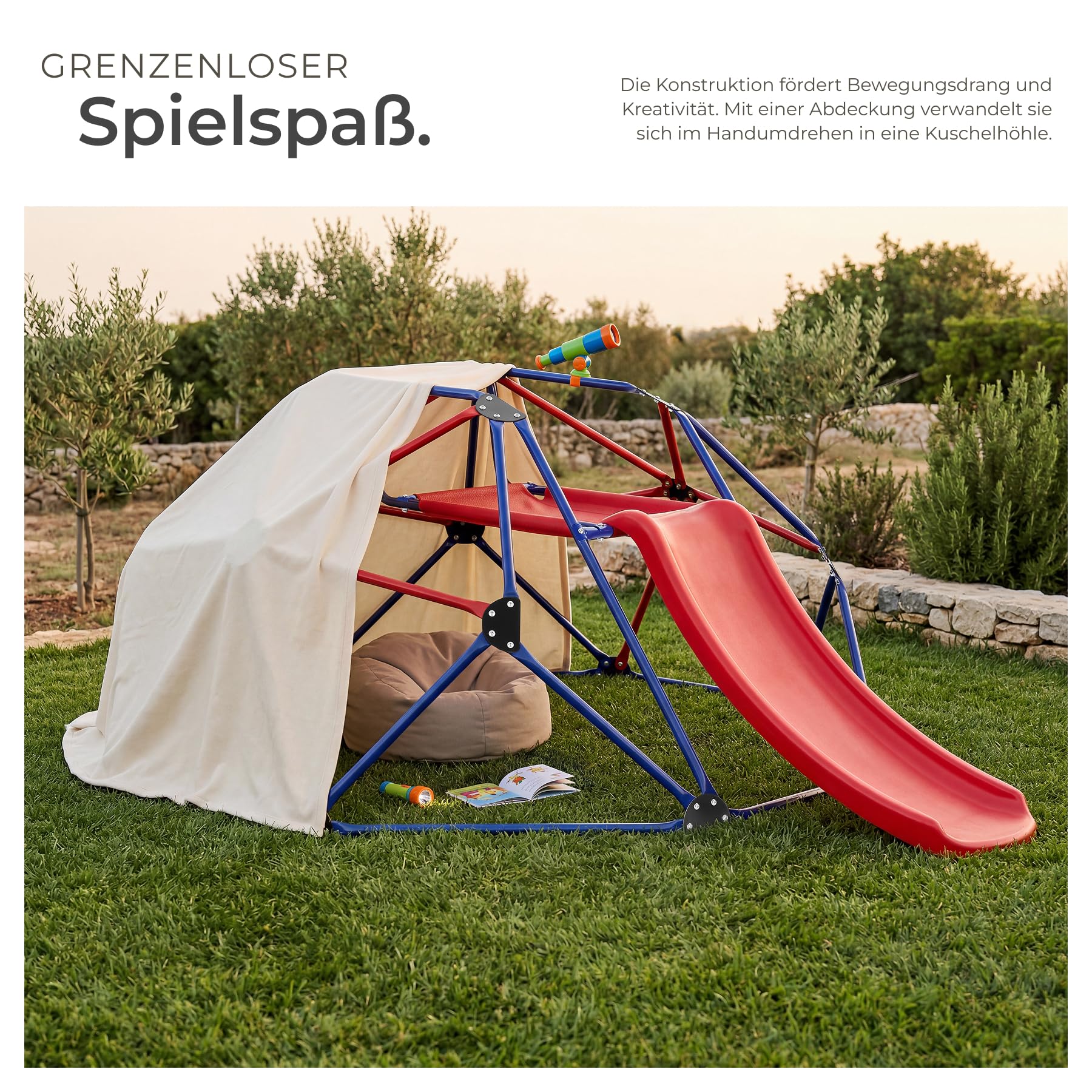 tectake® Klettergerüst, 185 x 243 x 90 cm, wetterfest, ab 3 Jahren, Sitzfläche aus Meshgewebe, inklusive 4 Heringe, Kletterturm, Spielturm, Gartenspielplatz, Kletteranlage - mit Rutsche, blau/rot