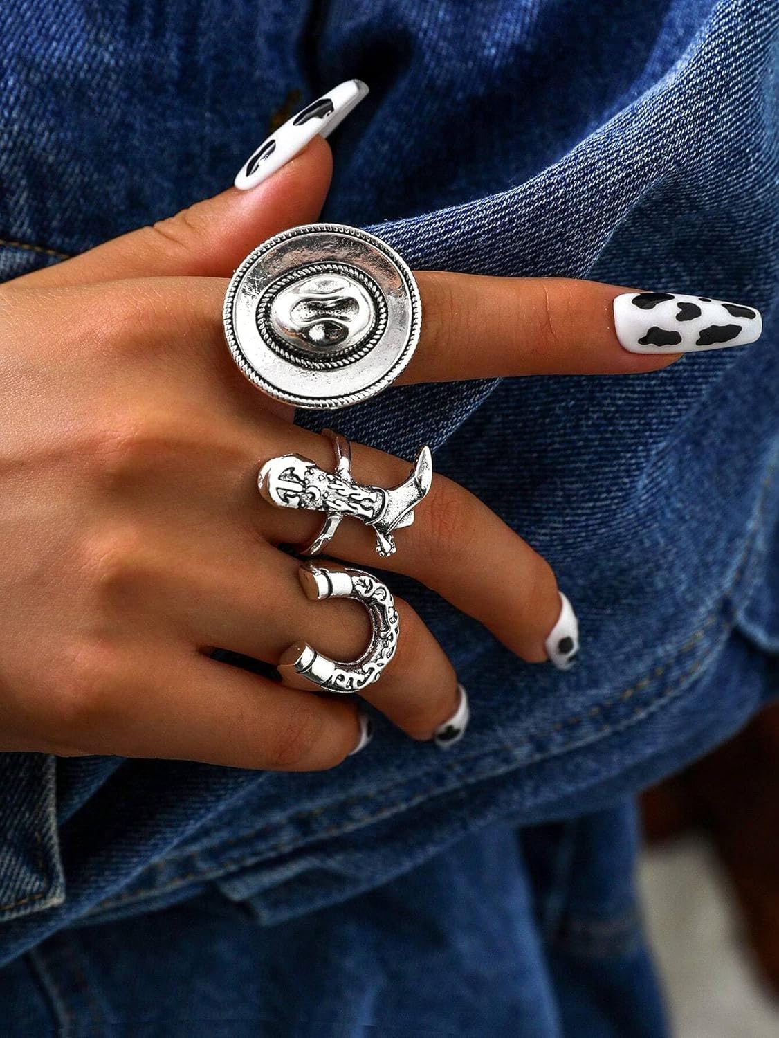 Vintage Rings For Women, 3Pcs Silver Western Boho Stackable Horseshoe Cowboy Hat Boots Ring Size 8 (18mm Diameter) Statement Dainty Fashion Waterproof Non Tarnish Holiday Jewelry Gift - Image 3