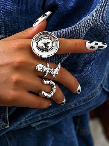 Miniatura 3 de Anillos vintage para mujer, 3 unidades, plateado, estilo occidental, bohemio, apilables, sombrero de herradura, estilo vaquero, tamaño 8 (0.71