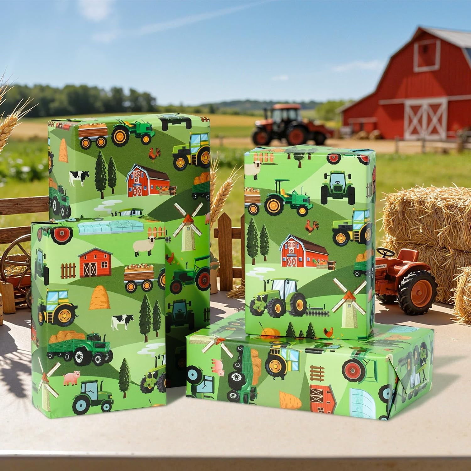 Pineraap Tractor Wrapping Paper Roll, Green Farmhouse Tractor Gift Wrap Paper with Farm Animal, Gift Packing Paper Art Paper for Birthday Baby Shower Party Decor Boys Girls, 17Inch x 16.5Feet