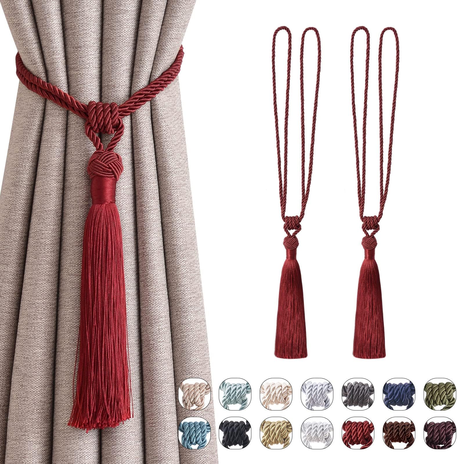 Pretty Jolly 2 Pack Long Tassel Curtain Tiebacks Handmade Braided Rope Knot Drape Tie Backs European Style Decorative Curtain Holdbacks for Home & Office Window Drapery (Wine Red)