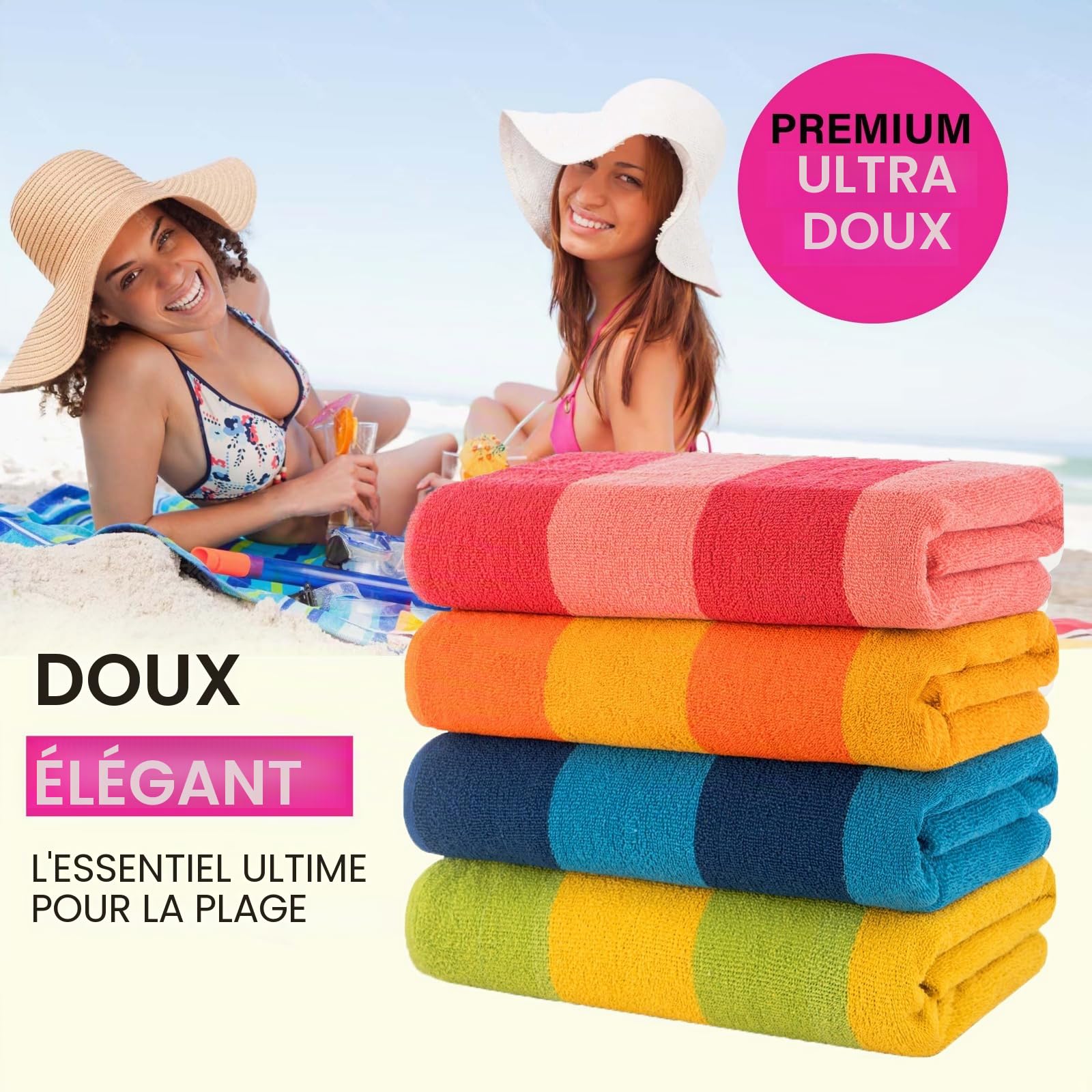 Casa Copenhagen Coffret Cadeau 4 pièces – Serviettes de Plage Arc-en-Ciel, Serviettes de Piscine Extra-Larges (75x150 cm), 100% Coton (Coffret Cadeau d'été idéal pour Hommes et Femmes)