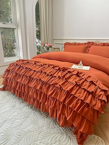 Miniatura 9 de MOOWOO Ropa de cama para niñas, funda de edredón con volantes en cascada, tamaño Queen, ropa de cama de 3 piezas, color liso, suave y transpirable