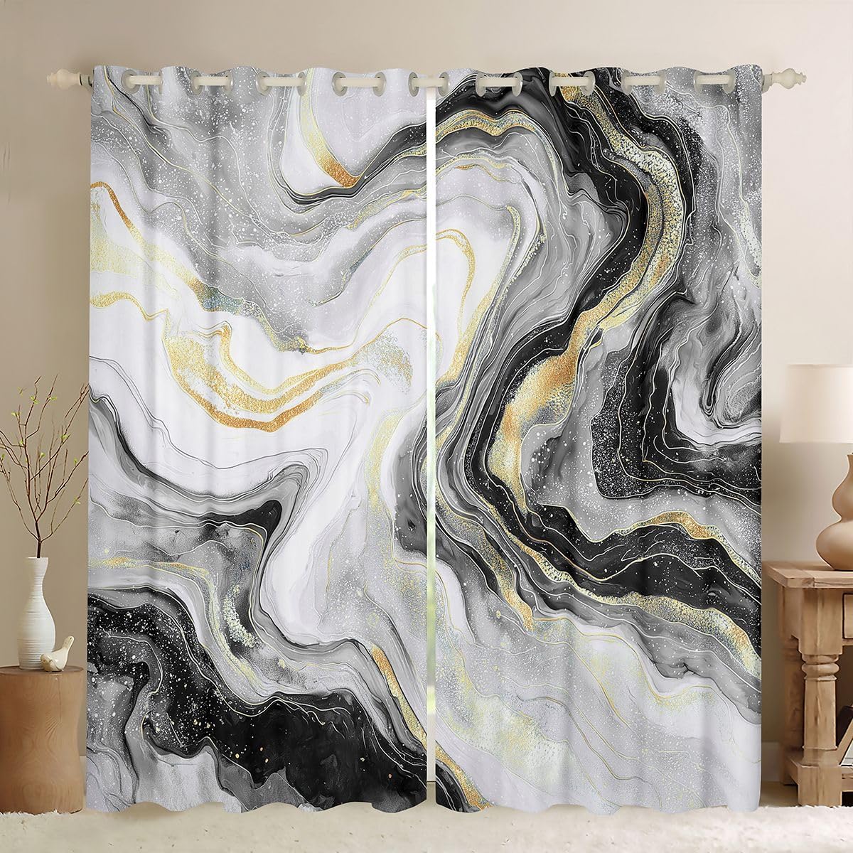 jejeloiu Gray Marble Blackout Curtains Modern Marble Aesthetic Darkening Drapes for Bedroom Living Room Decor Retro Watercolor Thermal Insulated Shades Window Treatments, 2 Panels 52 x 84 Inch