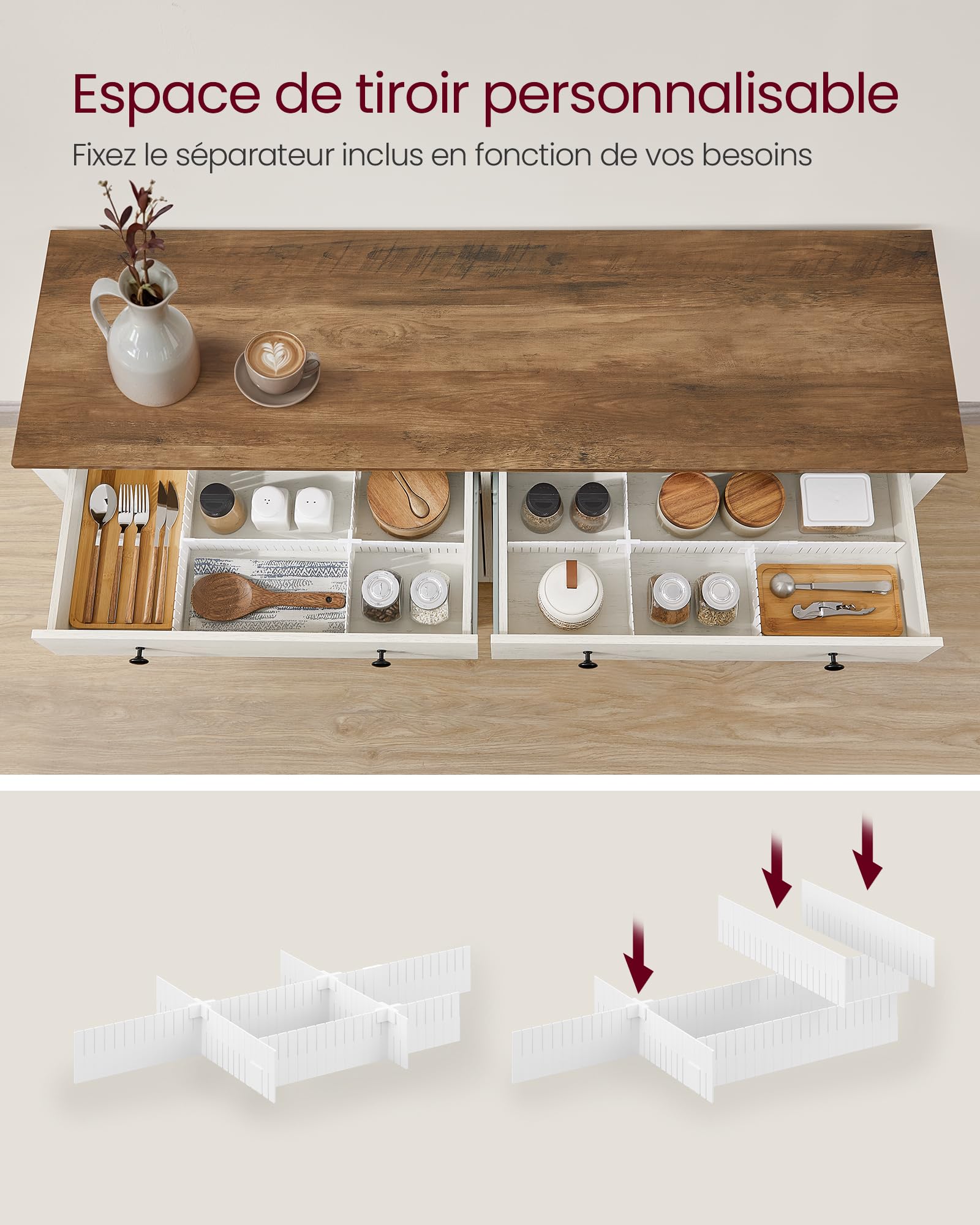VASAGLE Buffet, Meuble de Rangement avec Tiroir, Meuble de Cuisine, avec Portes, Étagère Réglable, Style Campagne, pour Salon, 40 x 140 x 80 cm, Blanc Rustique et Marron Miel BBK381W02