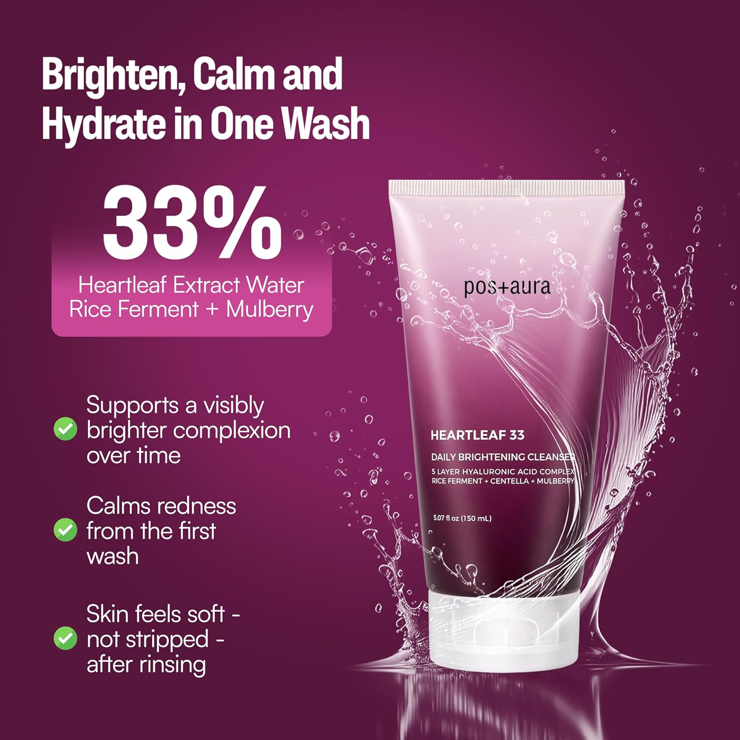 Heartleaf 33% with Mulberry, Rice Ferment Facial Cleanser – 5X Hyaluronic Acid, Gentle Daily Face Wash for Sensitive & Dry Skin, K-Beauty Low-pH Cleanser
