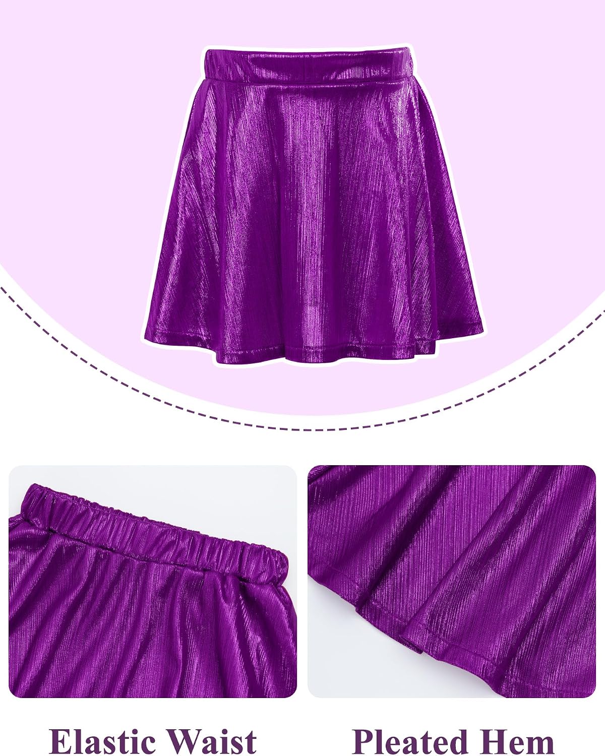 Happy Cherry Kid Girl Shiny Skirt and Top Set 2 Piece Texture Ribbed Metallic Disco Rave Cheer Outfit 4-12T