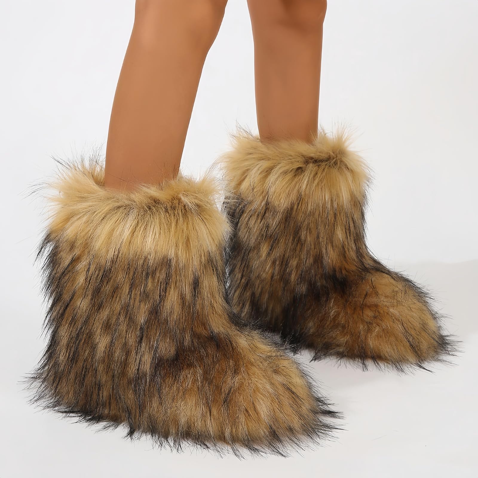 Fuzzy futrzane śniegowce damskie zimowe puszyste buty zamszowe ciepłe do połowy łydki wygodne na zewnątrz płaskie modne buty