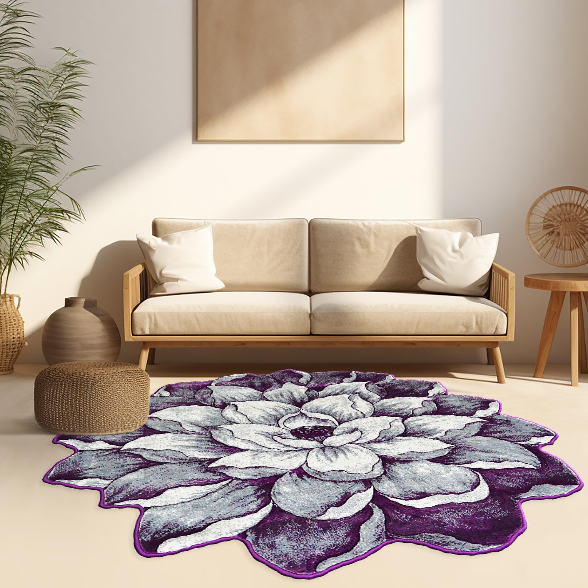 Flower Rug 5ft Round Area Rugs Cute Plush Flower Shaped Rug Circle Girly for Bedroom Floor Living Room Carpet 301 Purple