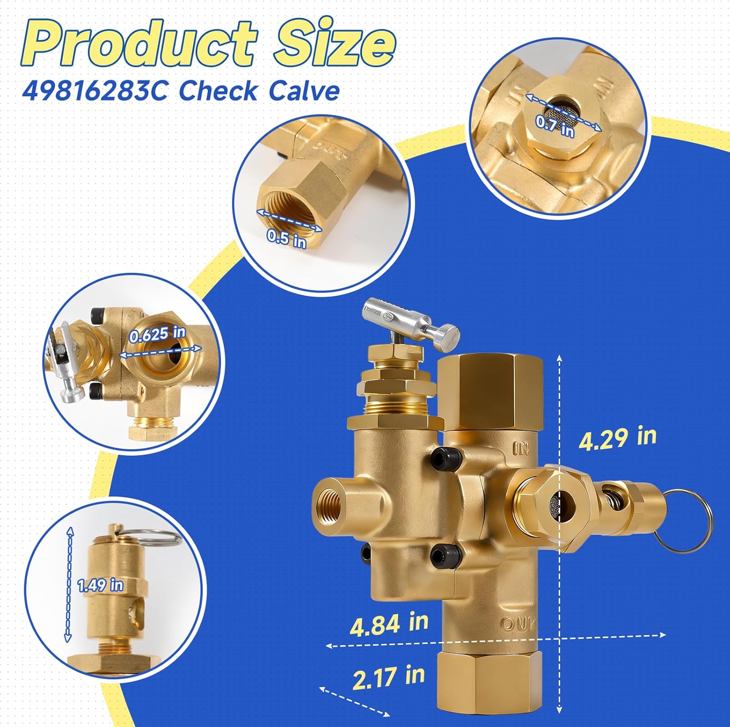 49816283C Pilot Check Calve Unloader Compatible With Ingersoll Rand T30 Gas Powered Air Compressors, 5/8" Inverted Flare Inlet X 1/2" Female NPT Outlet, 1/8" Female NPT Throttle Control Valve Port