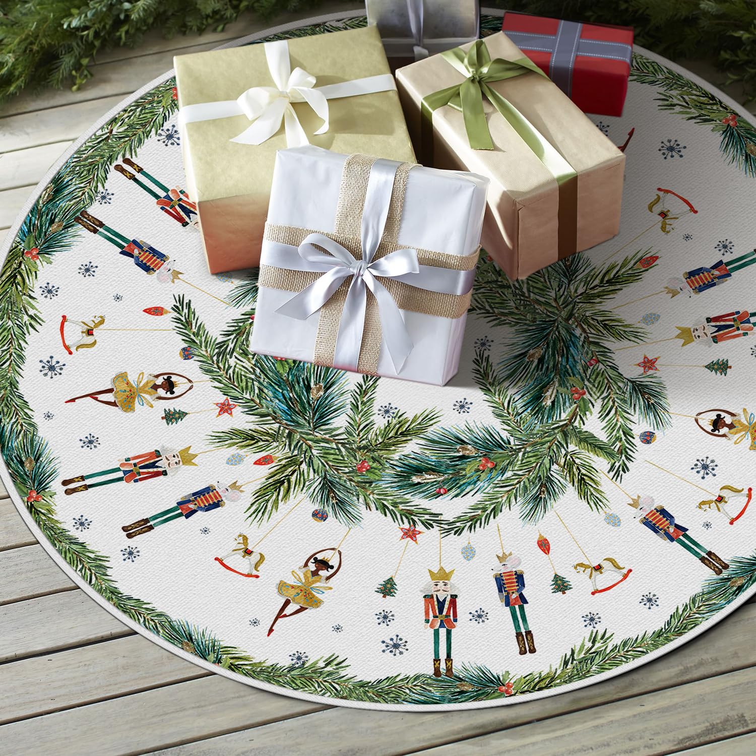 Artoid Mode Poinsettie Aubépine Ruban Fleurs Noël 91cm/36pouces Jupe De Sapin De Noël, Couvre-Pied De Sapin De Noël Pour Décoration De Fête De Vacances